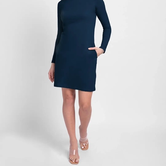 Women's Plain High Neck Pocket Dress Navy Blue - Picture 4 of 7